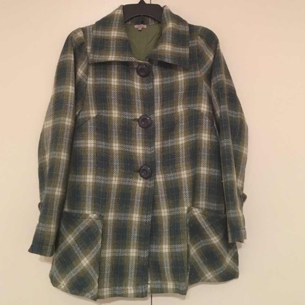 Green Plaid BIG button Peacoat